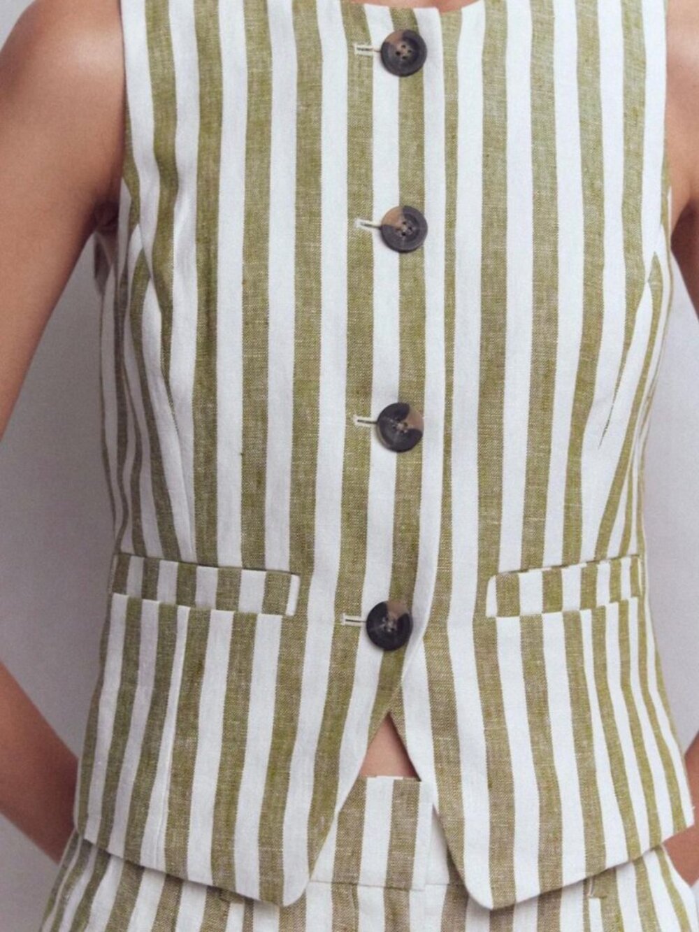 Boden Olive Ivory Stripe Linen Vest & Wide Leg Pants Set Size 8 - Picture 3 of 13